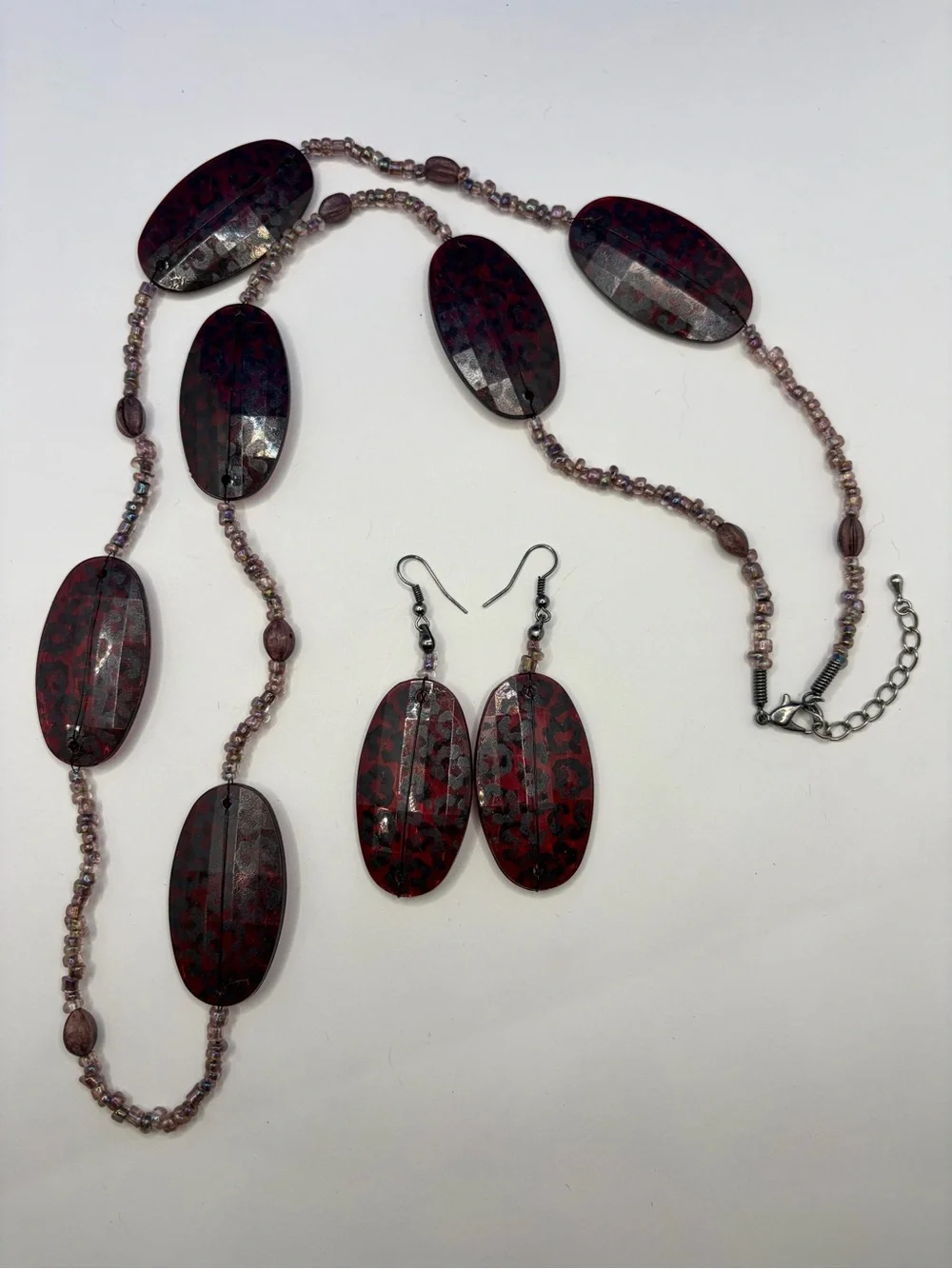 Red Black Leopard Print Beaded Necklace & Earrings Set Statement Jewelry